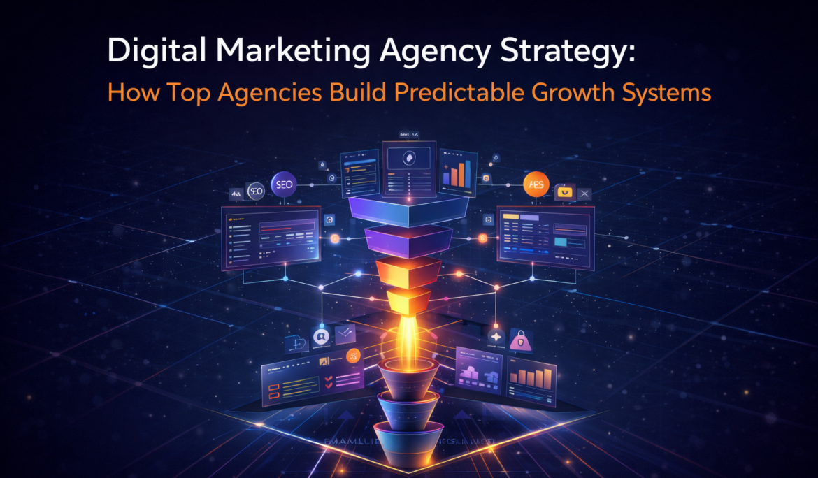 3D growth system diagram with funnel layers and analytics dashboard