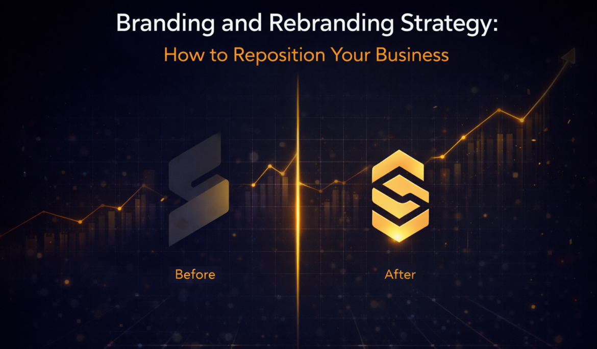 Before and after brand transformation with upward growth graph