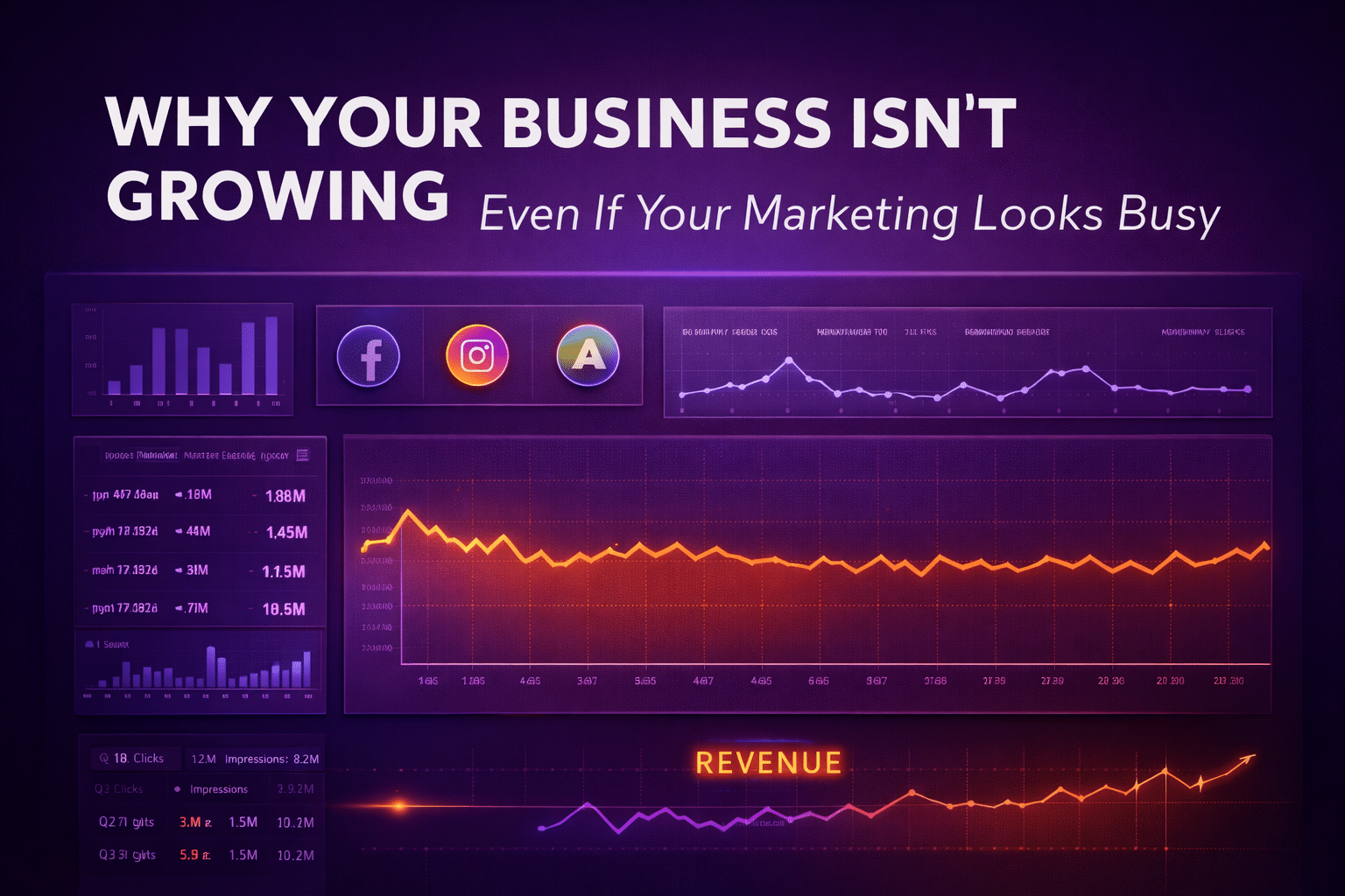 Business dashboard showing busy marketing activity but flat revenue graph